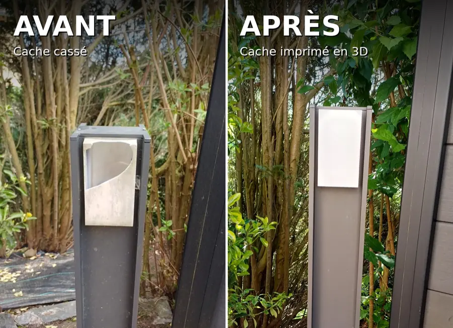 Avant : borne d’éclairage au diffuseur cassé. Après : la même borne avec son diffuseur imprimé en 3D.